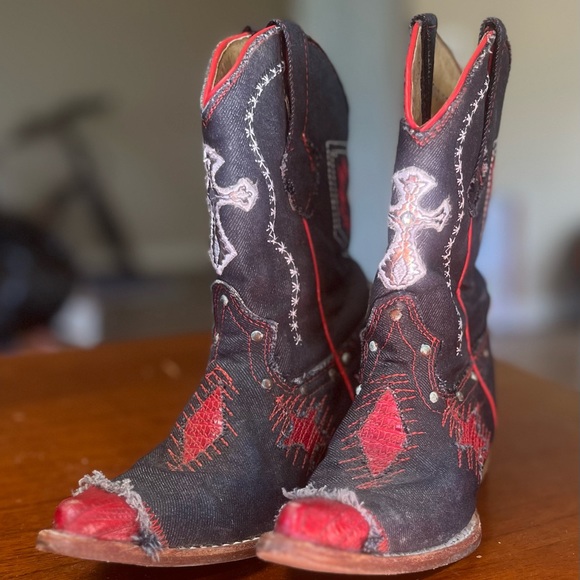 Joe Boots | Rustic Leather & Denim Cowboy Boots, Red Trim, Kid Size 11 - Picture 3 of 10
